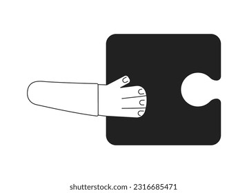 Jigsaw puzzle holding monochromatic flat vector hand. Problem solving. Education leisure. Attach piece. Editable thin line element on white. Simple bw cartoon spot image for web graphic design