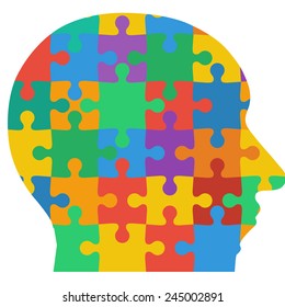 Jigsaw puzzle human head, colored background. Vector illustration.