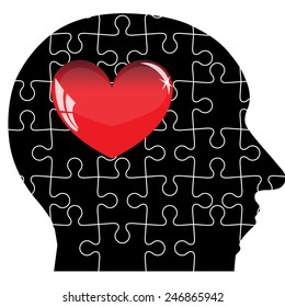 Jigsaw puzzle of human head with red heart. Vector illustration.