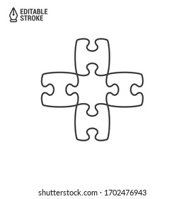 Jigsaw puzzle icon in the shape of a cross. Concept of leader and team. Outline vector icon with editable strokes isolated on white background