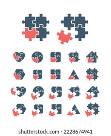 Jigsaw puzzle icons collection - complete and incomplete, vector illustration, editable for your design