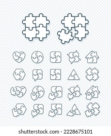 Jigsaw puzzle icons collection - complete and incomplete, vector illustration, editable for your design