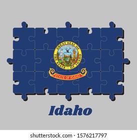 Jigsaw puzzle of Idaho flag. State seal of Idaho on a field of blue. The states of America, Concept of Fulfillment or perfection.