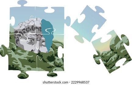 A jigsaw puzzle image of a fragment of David s head on top of green stones with moss. The contact of art and nature. A ready-to-use eps image for your design For posters stickers postcards culture art