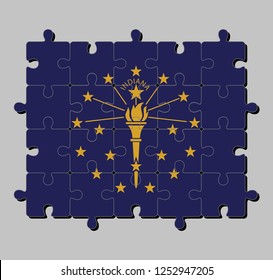 Jigsaw Puzzle Of Indiana Flag In Gold Torch Surrounded By An Outer Circle Of Stars, An Inner Semi Circle Of Stars, The Word 'Indiana'. The States Of America, Concept Of Fulfillment Or Perfection.