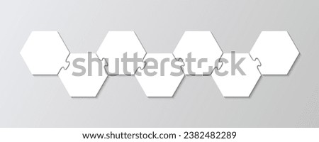 Jigsaw puzzle infographics with 7 steps. Business presentation info graphic. Hexagon business chain infographic. Process diagram with pieces, parts. Puzzle hexagonal grid. Vector illustration