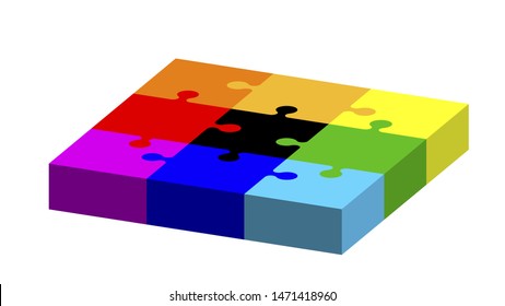 Jigsaw puzzle. Isolated on white background. 3d Vector colorful illustration. Dimetric projection. 