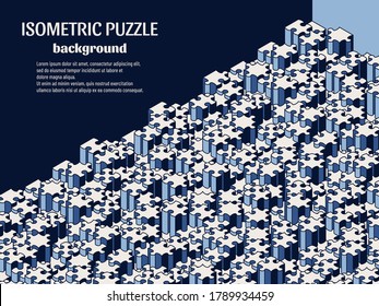 Jigsaw puzzle isometric background with many colorful pieces. Abstract mosaic template. Vector illustration.