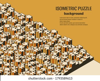 Jigsaw puzzle isometric background with many colorful pieces. Abstract mosaic template. Vector illustration.
