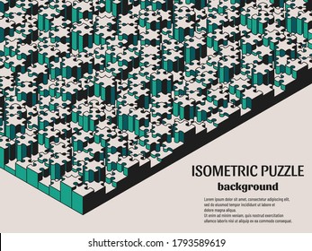 Rompecabezas de fondo isométrico con muchas piezas coloridas. Plantilla de mosaico abstracta. Ilustración vectorial.