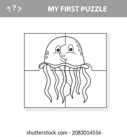 Jigsaw puzzle with jellyfish. Educational game for kids. My first puzzle and coloring page