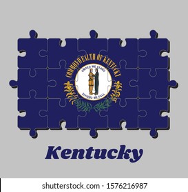 Jigsaw puzzle of Kentucky flag, the Commonwealth's seal on blue color and the words "Commonwealth of Kentucky" above and sprigs of goldenrod. The states of America, Concept of Fulfillment or perfectio