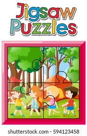 Jigsaw puzzle with kids camping in woods illustration