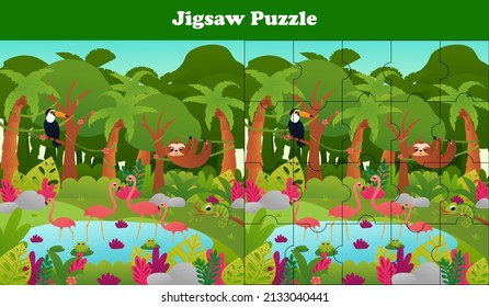 Jigsaw puzzle for kids with cute tropical jungle animals - toucan and flamingo, printable worksheet for children in cartoon style