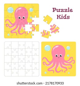 Jigsaw puzzle kids game. Cartoon vector illustration in flat style. Educational game for preschool children with cute octopus.
