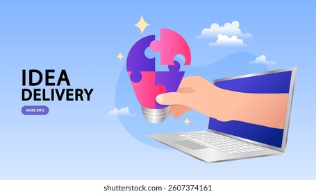 Jigsaw puzzle laptop with big light bulb. Creative idea, brainstorming, teamwork, startup, business solution, thinking process concept. online job or e-learning. Vector, flat design and illustration.