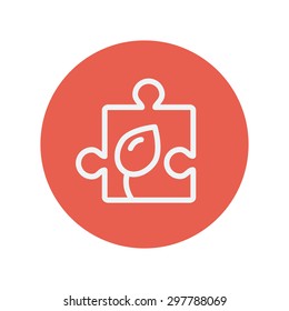 Jigsaw puzzle with leaf thin line icon for web and mobile minimalistic flat design. Vector white icon inside the red circle.