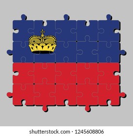 Jigsaw puzzle of Liechtenstein flag in blue and red, charged with a gold crown. Concept of Fulfillment or perfection.