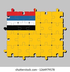Jigsaw puzzle of Manchukuo flag, the flag of the Empire of Manchuria had a mustard yellow field with four horizontal stripes. Concept of Fulfillment or perfection.