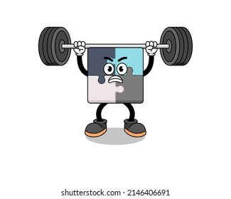 jigsaw puzzle mascot cartoon lifting a barbell , character design