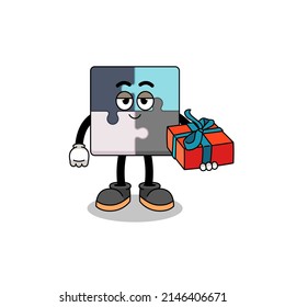 jigsaw puzzle mascot illustration giving a gift , character design