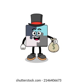 jigsaw puzzle mascot illustration rich man holding a money sack , character design
