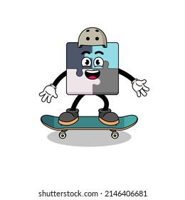 jigsaw puzzle mascot playing a skateboard , character design