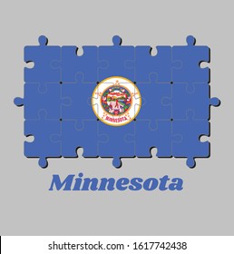 Jigsaw puzzle of Minnesota flag and the state name. State seal on a medium blue field. Concept of Fulfillment or perfection.