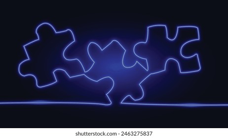 Puzzle. Neón. Dibujo continuo de una sola línea. Piezas de rompecabezas. Trabajos en equipo. Solución empresarial. Pensamiento lógico. Negocios, marketing, finanzas, Internet, desafío de juegos, plugin de juegos.