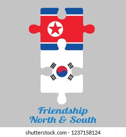 Jigsaw puzzle of North Korea flag and South Korea flag with text: Friendship North & South. Concept of Friendly or good compatibility between both countries.