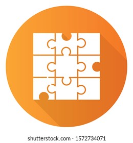 Jigsaw puzzle orange flat design long shadow glyph icon. Tiling, assembly game. Interlocking pieces. Mental exercise. Ingenuity test. Brain teaser. Solution finding. Vector silhouette illustration