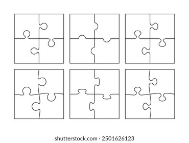 Jigsaw puzzle outline grid set. 6 puzzle square business presentation infographic. Square info graphic with 4 parts of process diagram. Business presentation for infographics. Vector illustration