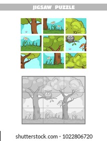 Jigsaw puzzle. Page of book with game for children. Forest animals. Vector illustration