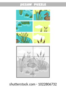 Jigsaw puzzle. Page of book with game for children. Forest animals. Vector illustration
