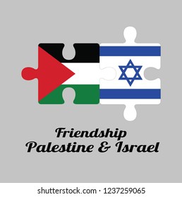 Jigsaw puzzle of Palestine flag and Israel flag with text: Friendship Palestine & Israel. Concept of Friendly or good compatibility between both countries.