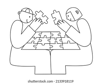 Jigsaw puzzle. People together playing puzzle game. Teamwork. Line art style sketch vector illustration
