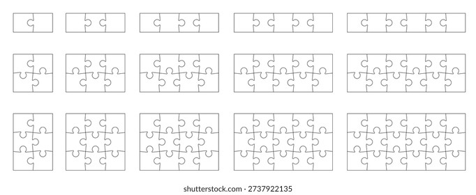 Jigsaw puzzle piece collection in different sizes. Set of 15 template with outline for game, infographic, educational design. Vector jigsaw picture texture collection. Puzzle grid business chain