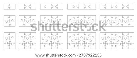 Jigsaw puzzle piece collection in different sizes. Set of 15 template with outline for game, infographic, educational design. Vector jigsaw picture texture collection. Puzzle grid business chain