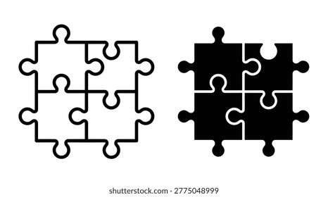 Jigsaw puzzle piece collection in linear and solid styles, representing teamwork, problem solving, matching, and unity.