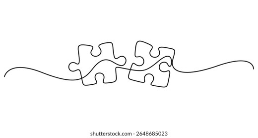 quebra-cabeça peça de quebra-cabeça desenho de linha única contínua. Duas peças de quebra-cabeças conectadas linha arte. Peças de quebra-cabeça contínuo uma linha desenho. Ilustração de vetor de rabiscar