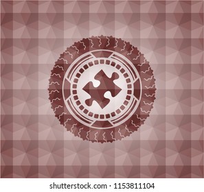 jigsaw puzzle piece icon inside red seamless geometric emblem.