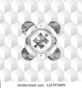 jigsaw puzzle piece icon inside grey emblem. Retro with geometric cube white background