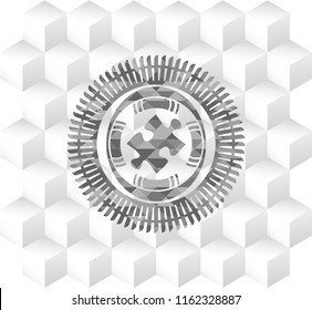 jigsaw puzzle piece icon inside grey emblem. Vintage with geometric cube white background
