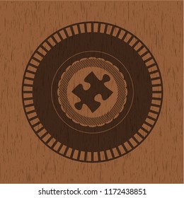 jigsaw puzzle piece icon inside wood emblem. Vintage.