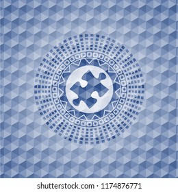 jigsaw puzzle piece icon inside blue badge with geometric pattern.