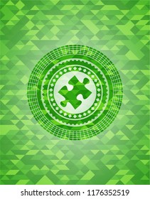 jigsaw puzzle piece icon inside realistic green emblem. Mosaic background