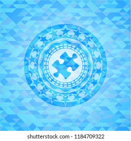 jigsaw puzzle piece icon inside sky blue emblem with mosaic background