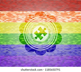 jigsaw puzzle piece icon inside emblem on mosaic background with the colors of the LGBT flag