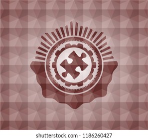 jigsaw puzzle piece icon inside red emblem or badge with geometric pattern background. Seamless.
