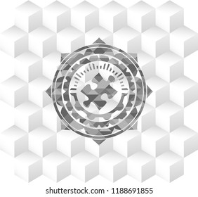 jigsaw puzzle piece icon inside grey emblem. Retro with geometric cube white background